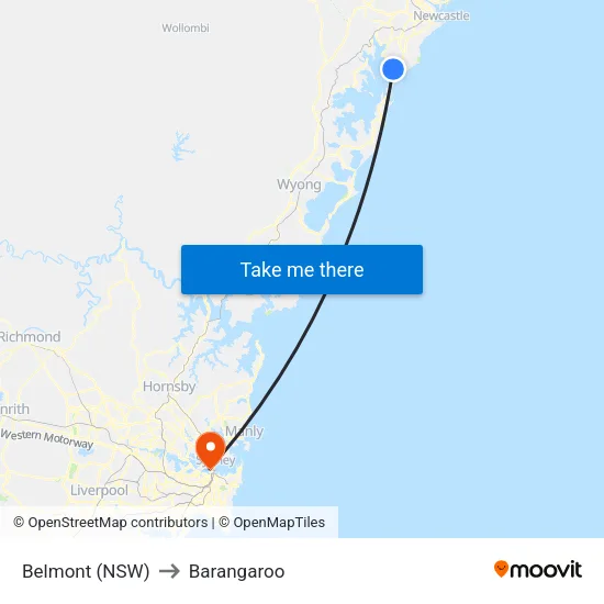 Belmont (NSW) to Barangaroo map
