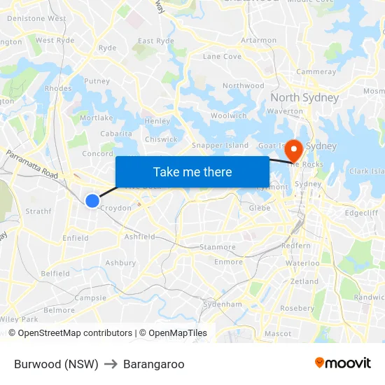 Burwood (NSW) to Barangaroo map