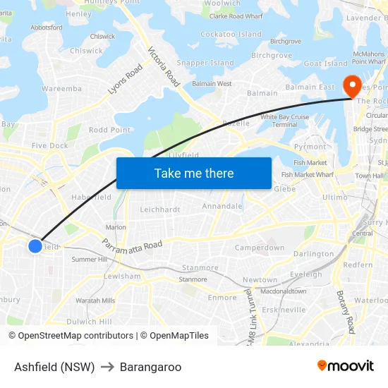 Ashfield (NSW) to Barangaroo map