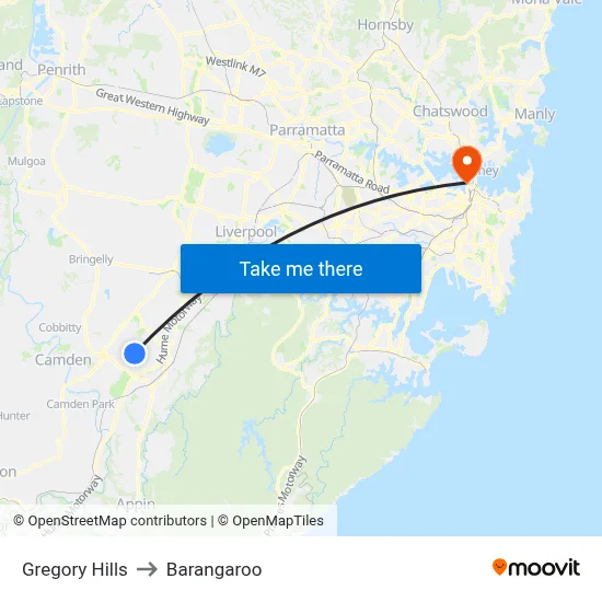 Gregory Hills to Barangaroo map