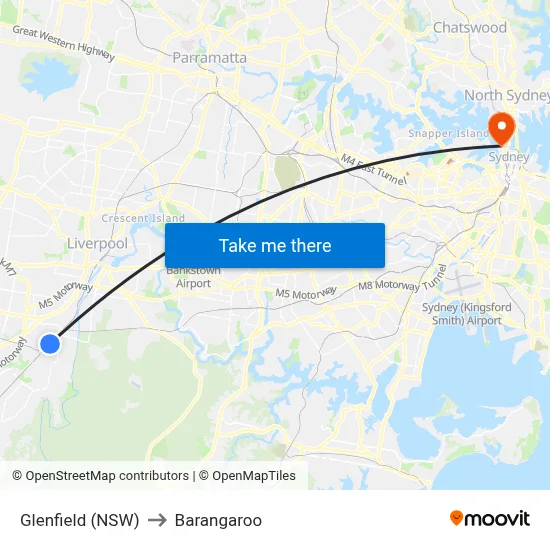 Glenfield (NSW) to Barangaroo map