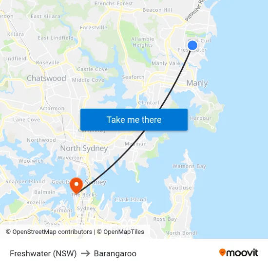 Freshwater (NSW) to Barangaroo map
