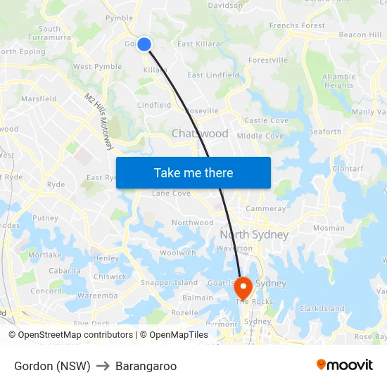 Gordon (NSW) to Barangaroo map