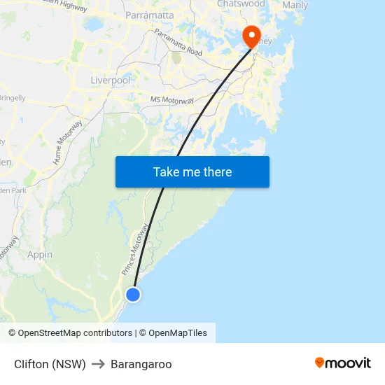 Clifton (NSW) to Barangaroo map