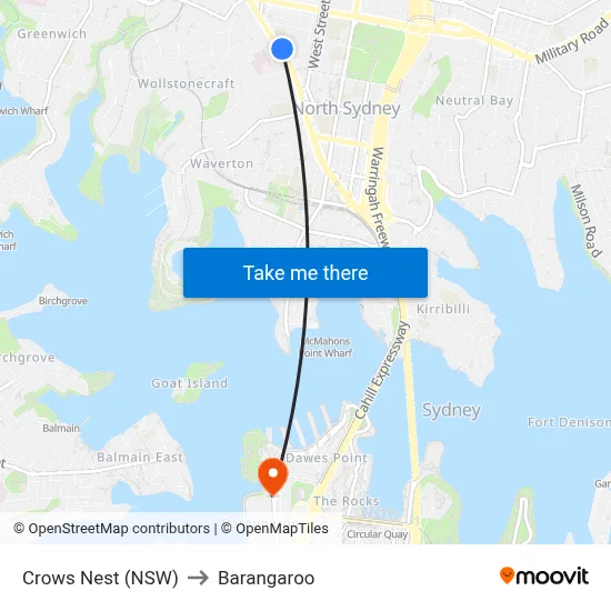 Crows Nest (NSW) to Barangaroo map