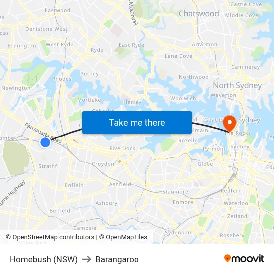 Homebush (NSW) to Barangaroo map
