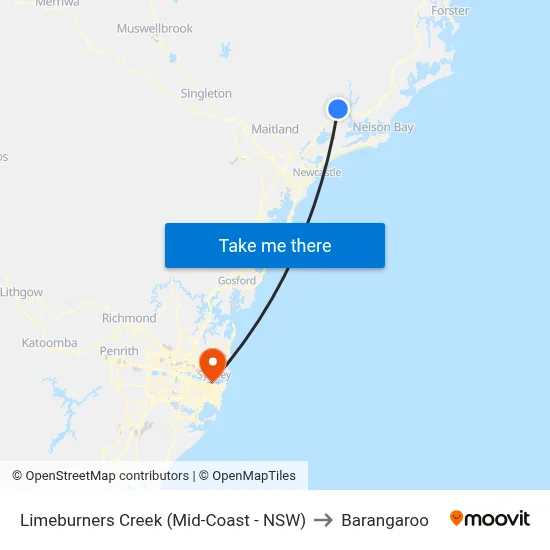 Limeburners Creek (Mid-Coast - NSW) to Barangaroo map