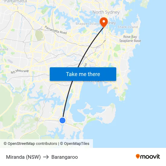 Miranda (NSW) to Barangaroo map