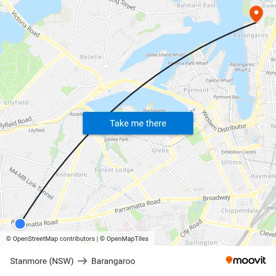 Stanmore (NSW) to Barangaroo map