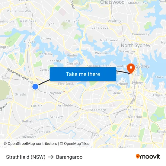 Strathfield (NSW) to Barangaroo map