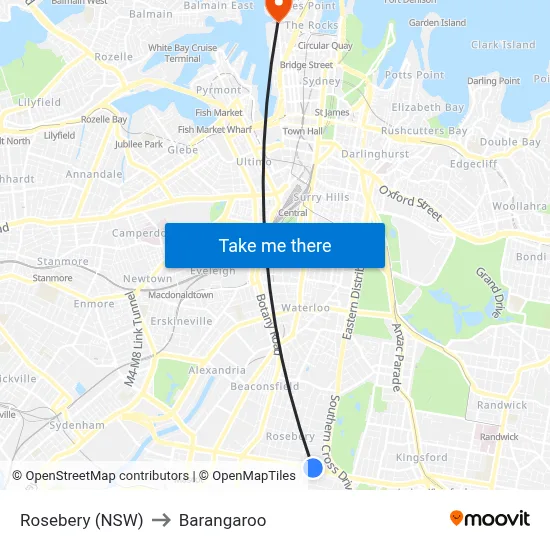 Rosebery (NSW) to Barangaroo map
