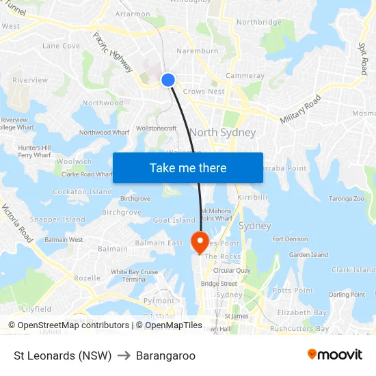 St Leonards (NSW) to Barangaroo map