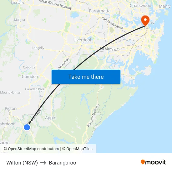 Wilton (NSW) to Barangaroo map