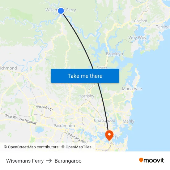 Wisemans Ferry to Barangaroo map