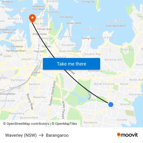 Waverley (NSW) to Barangaroo map