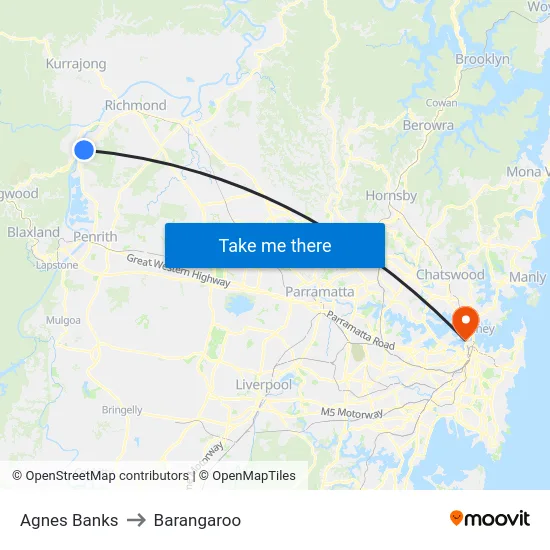 Agnes Banks to Barangaroo map