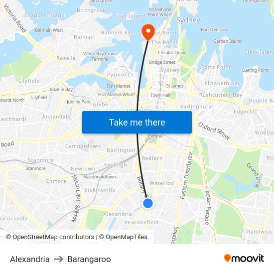 Alexandria to Barangaroo map