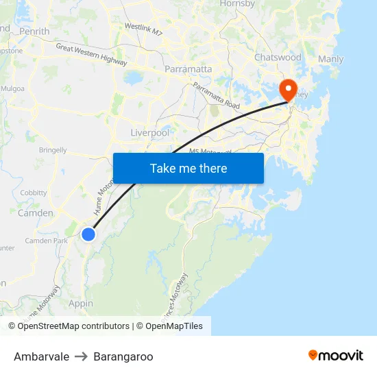 Ambarvale to Barangaroo map