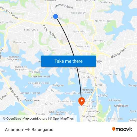 Artarmon to Barangaroo map