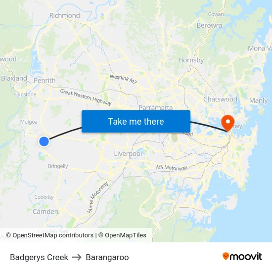 Badgerys Creek to Barangaroo map