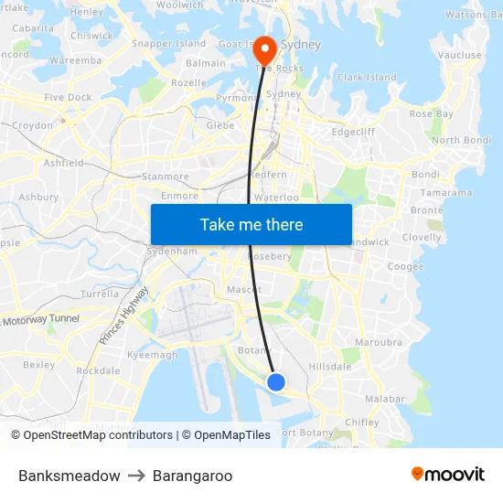 Banksmeadow to Barangaroo map