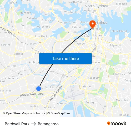 Bardwell Park to Barangaroo map