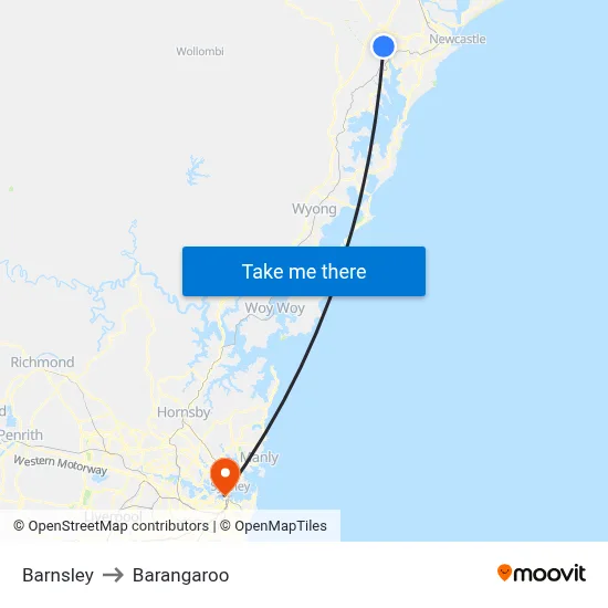 Barnsley to Barangaroo map