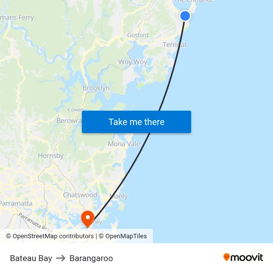 Bateau Bay to Barangaroo map