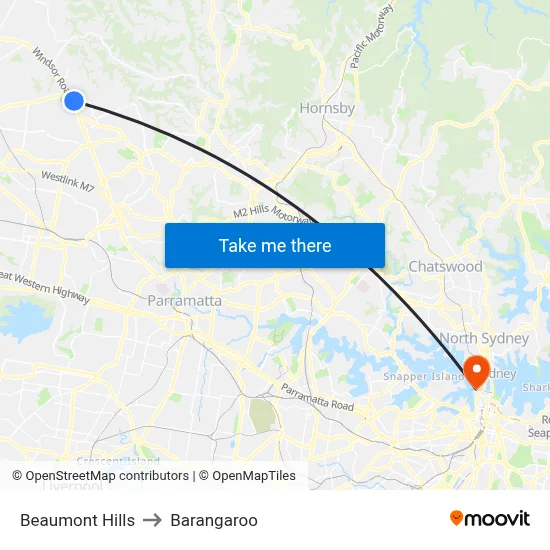 Beaumont Hills to Barangaroo map