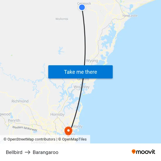 Bellbird to Barangaroo map