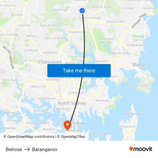 Belrose to Barangaroo map