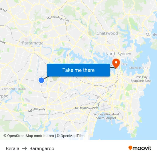 Berala to Barangaroo map
