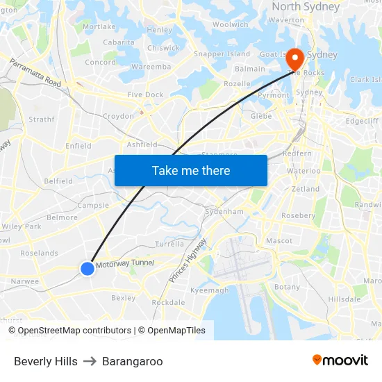 Beverly Hills to Barangaroo map