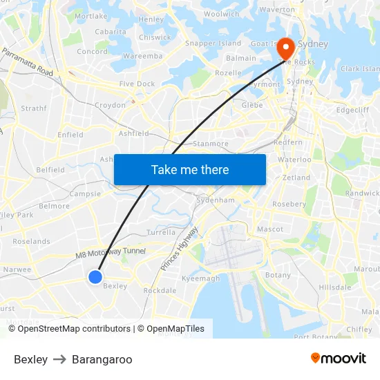 Bexley to Barangaroo map