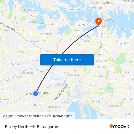 Bexley North to Barangaroo map