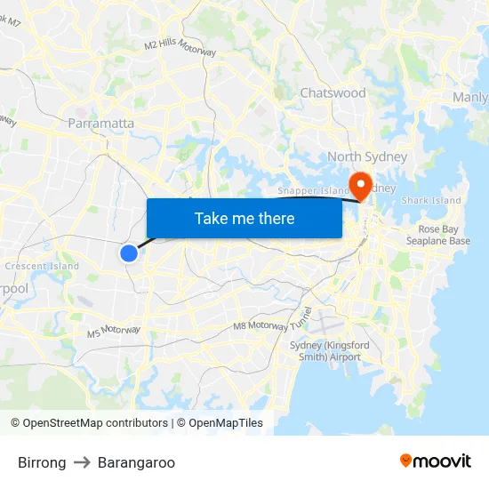 Birrong to Barangaroo map
