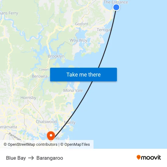 Blue Bay to Barangaroo map