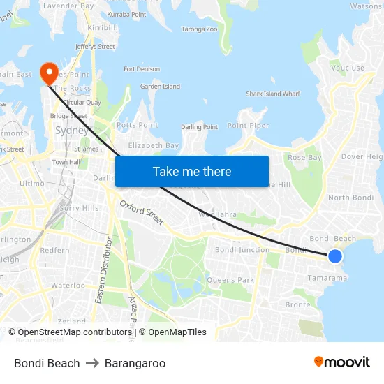Bondi Beach to Barangaroo map