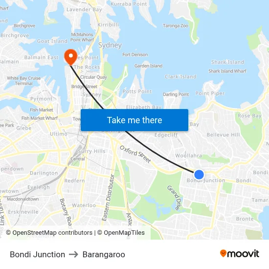 Bondi Junction to Barangaroo map