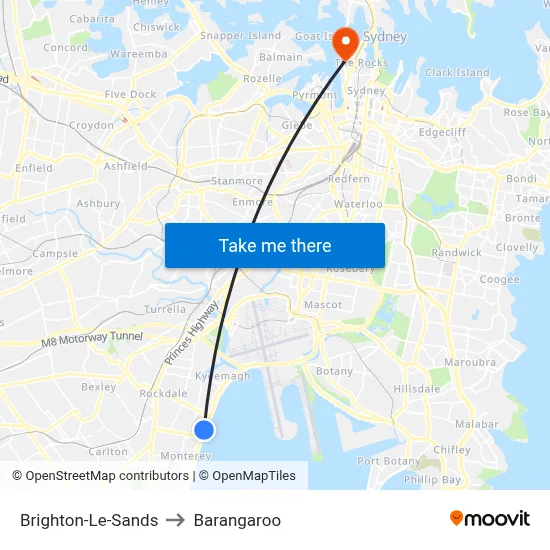 Brighton-Le-Sands to Barangaroo map