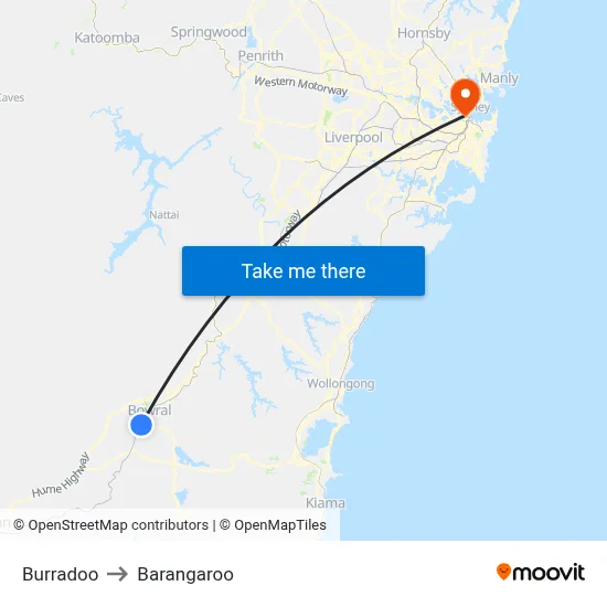 Burradoo to Barangaroo map
