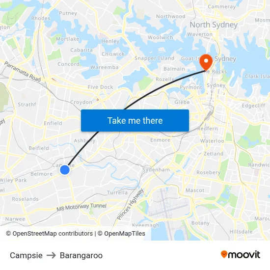 Campsie to Barangaroo map