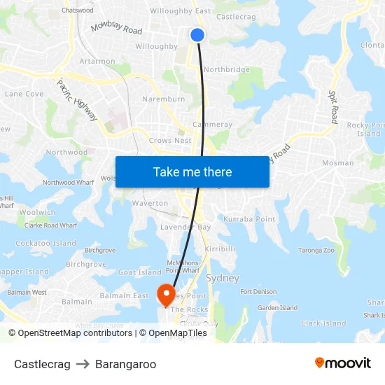Castlecrag to Barangaroo map