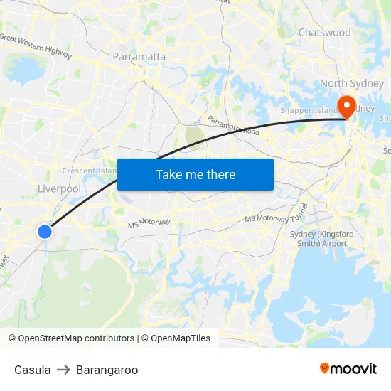 Casula to Barangaroo map