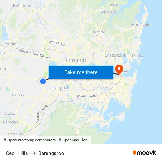 Cecil Hills to Barangaroo map