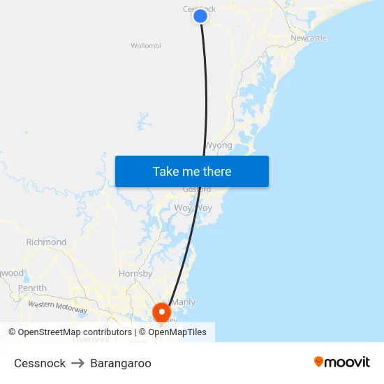 Cessnock to Barangaroo map