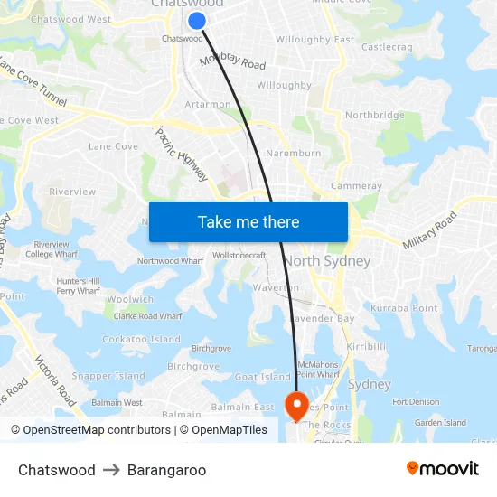 Chatswood to Barangaroo map