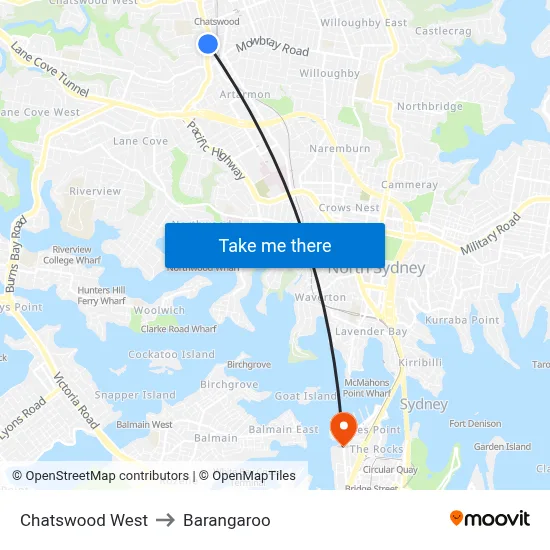 Chatswood West to Barangaroo map