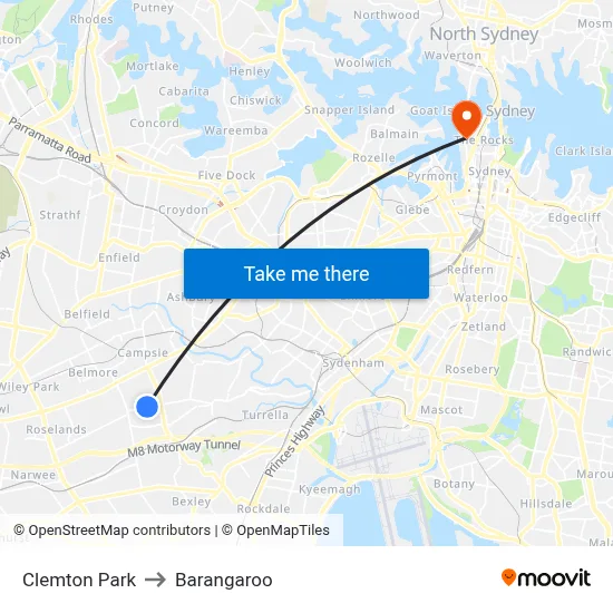 Clemton Park to Barangaroo map