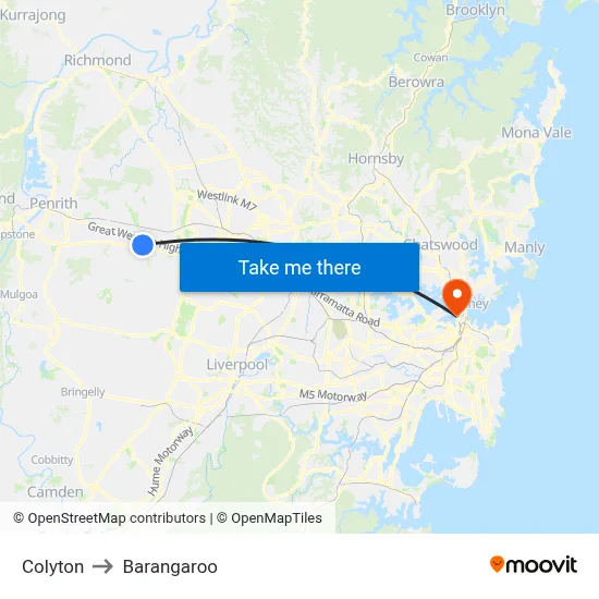 Colyton to Barangaroo map